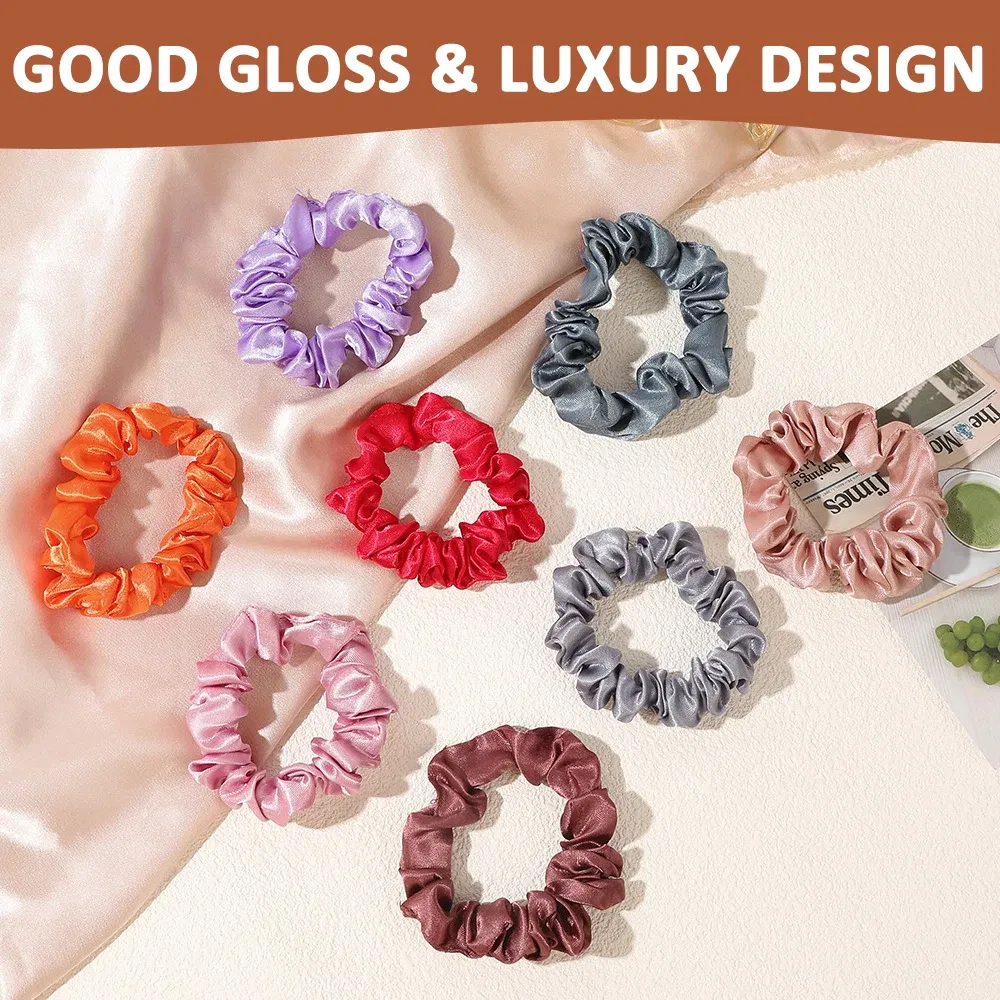 Color: Pink - 10pcs/pack Women Colorful Satin Silk Scrunchies Elastic Hair Bands Solid Color Dot Hair Ties Ponytail Holder Hair Accessories