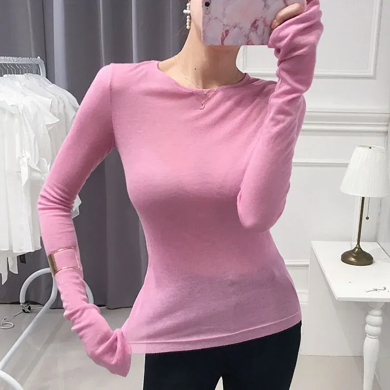 Color: black, Size: One Size - Shintimes Sexy Shirt Women T-Shirt Long Sleeve Korean Style Slim Basic Elasticity Tshirt Top Womens Clothing T Shirt Femme