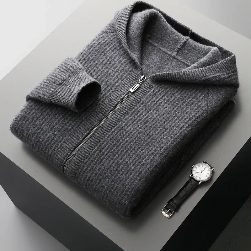 Color: SKY BLUE, Size: M, Ships From: CHINA - New Product 100% Merino Wool Knitted Cardigan For Men Hooded Sweater Casual High-end Jacket Men's long Sleeved Wool Sweater Coat