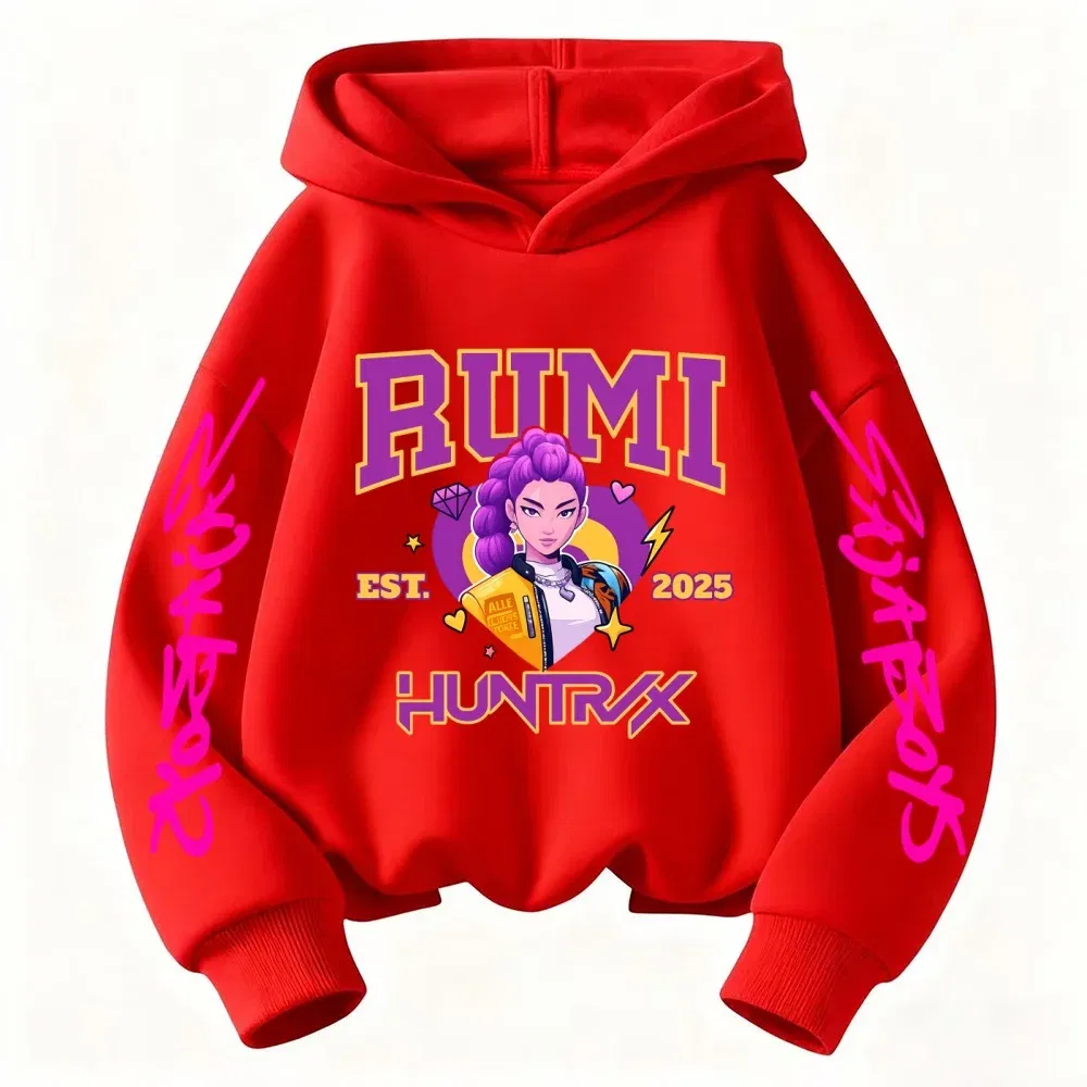 Color: Beige, Kid Size: 4T - 2025 KPop Devil Hunter Cartoon Girl Boy Hooded Sweatshirt Kawaii Children's Korean Wave Casual Fashion Top