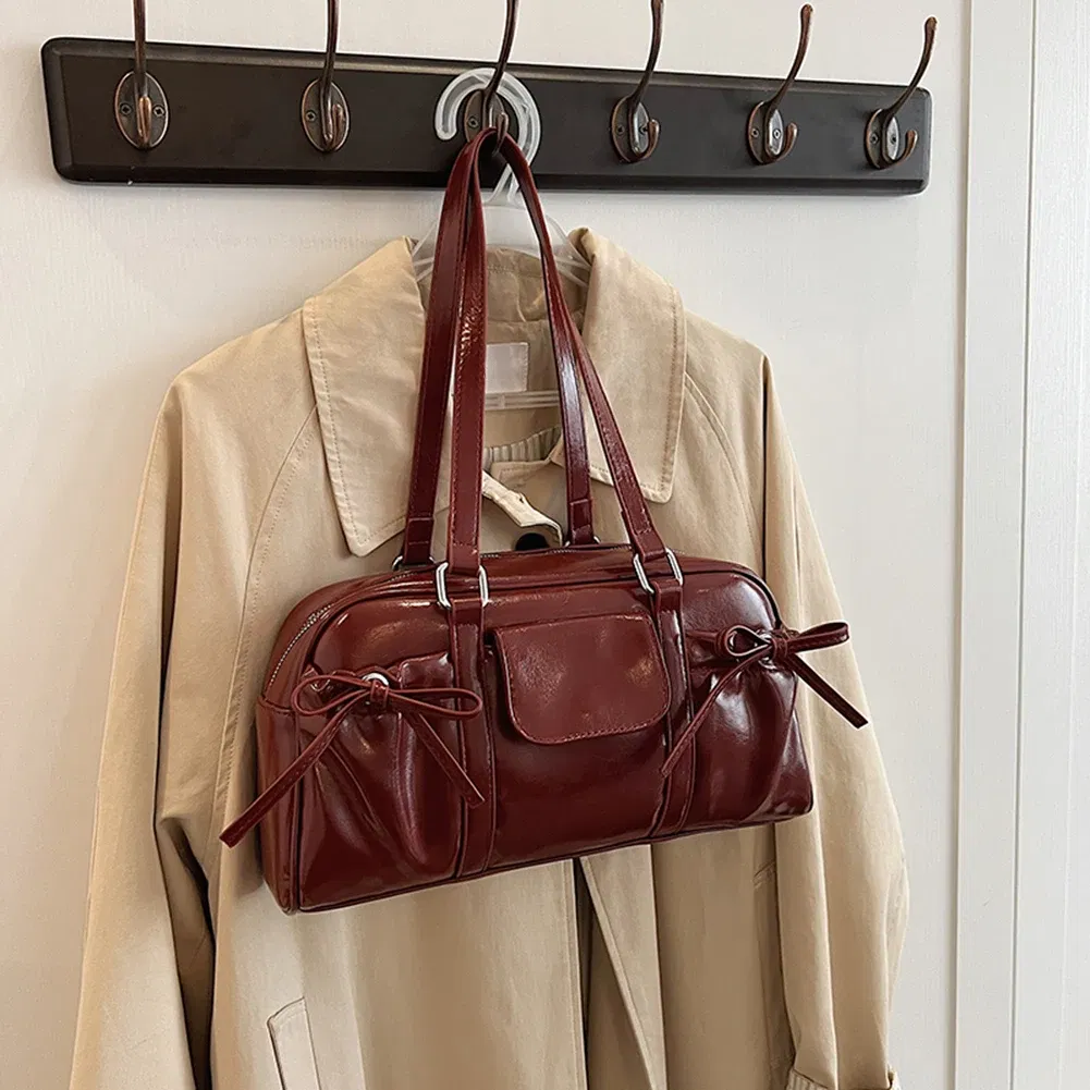 Color: Red, Ships From: CHINA - Stylish Women Bow Shoulder Bag in PU Leather with Multi Pockets Ideal for Casual Outings Travel and Shopping
