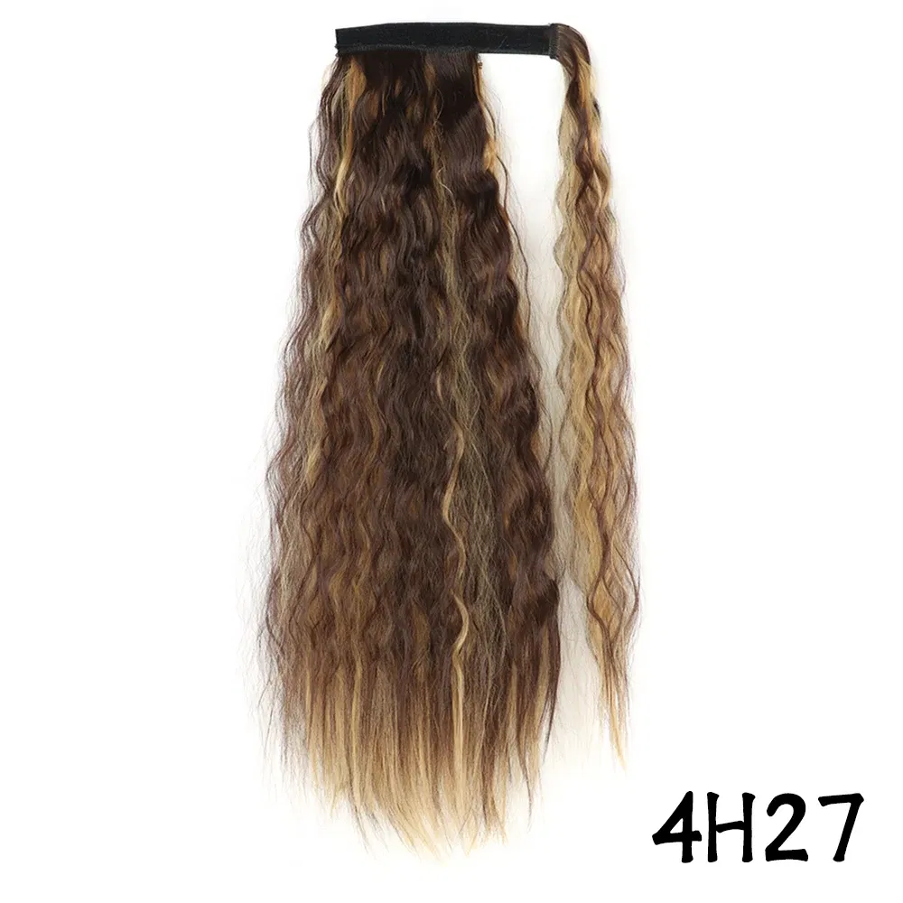 Color: 4/27HL, Stretched Length: 22inches - Synthetic Long Corn Wavy Ponytail Hairpiece Wrap on Hair Clip Ombre Brown Blonde Hair Extensions Pony Tail