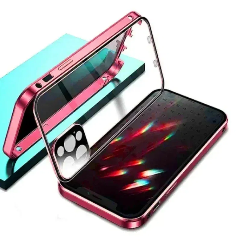 Color: Red, Material: Genuine Leather - Double-Sided Privacy Magnetic Case For iPhone 16 12 13 14 15 11 Pro Max 14 Plus 16 Plus Anti Peeping Full Cover Metal Frame Case