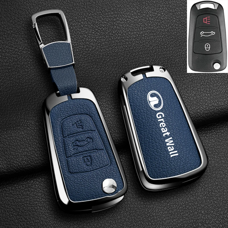 Color Name: ROYAL BLUE - Alloy Car Key Case Cover For Great Wall Haval Hover Wingle 5 6 H3 H5 H6 H1 H3 C30 C50 M4 3Buttons Shell Bag Protector Keychain