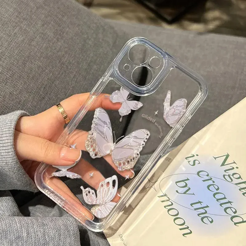 Color: Beige, Material: PE - Simple Space Transparent Anti-fall Phone Case For iPhone 15 11 14 13 12 Pro Max Plus Silicone Protect Flower Butterfly Cover