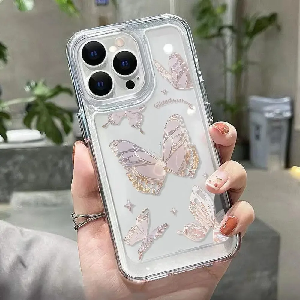 Color: Beige, Material: PE - Simple Space Transparent Anti-fall Phone Case For iPhone 15 11 14 13 12 Pro Max Plus Silicone Protect Flower Butterfly Cover