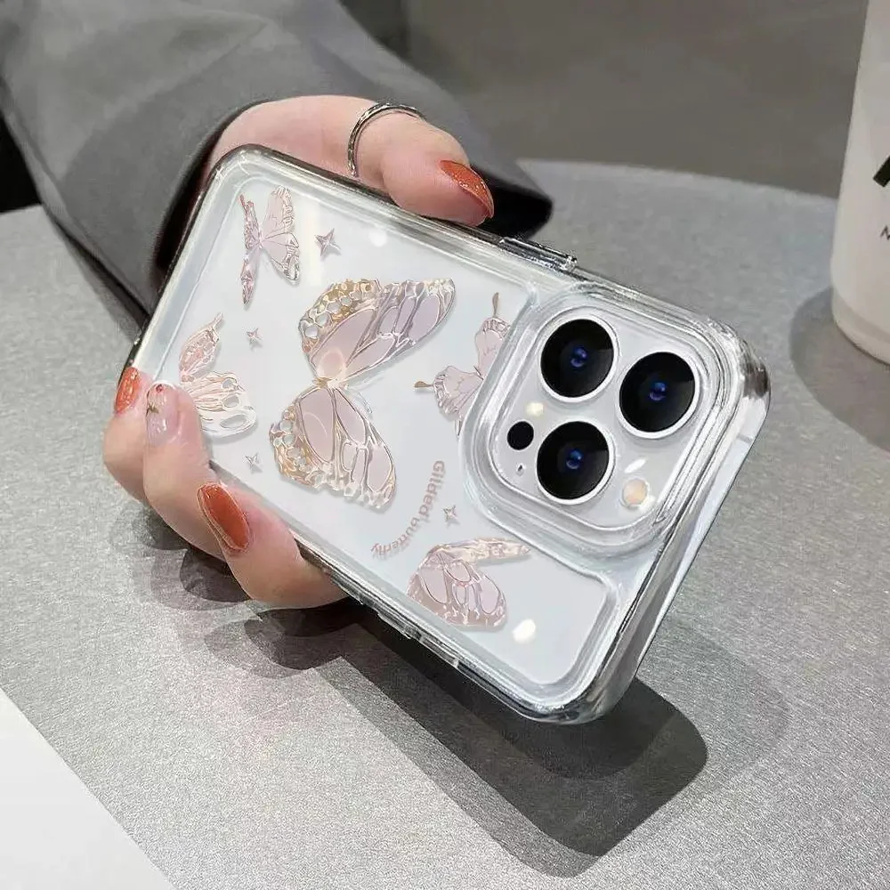 Color: Beige, Material: PE - Simple Space Transparent Anti-fall Phone Case For iPhone 15 11 14 13 12 Pro Max Plus Silicone Protect Flower Butterfly Cover