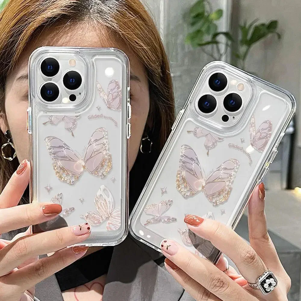 Color: Beige, Material: PE - Simple Space Transparent Anti-fall Phone Case For iPhone 15 11 14 13 12 Pro Max Plus Silicone Protect Flower Butterfly Cover