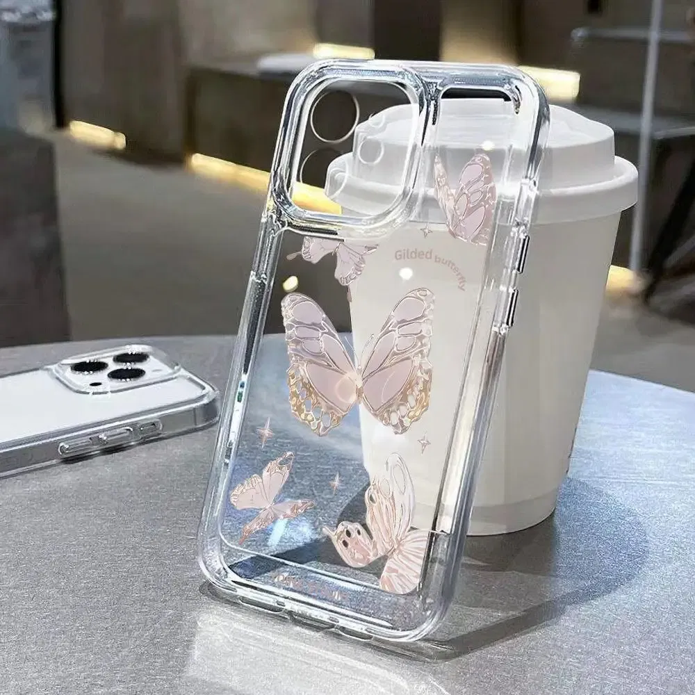 Color: Beige, Material: PE - Simple Space Transparent Anti-fall Phone Case For iPhone 15 11 14 13 12 Pro Max Plus Silicone Protect Flower Butterfly Cover
