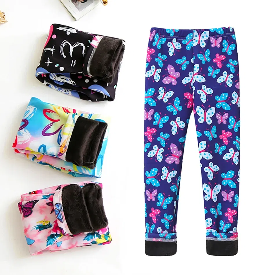 Color: Neon, Size: 128 - Girls Warm Plush Long Pants for Autumn Spring Cartoon Butterfly Striped Soft Cozy Leggings Fleece-Lined Bottoms Kids Casual Wear