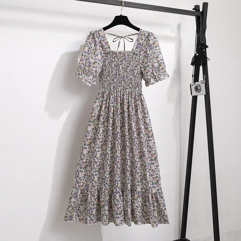 Color: Red, Size: One Size - Spring Summer Chiffon Dresses Fashion Female Elastic Waist Short Sleeve Pleated Casual Dress Women A-line Dresses Vestidos