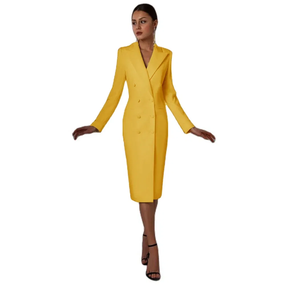 Color: Yellow, Size: XXL - Women's Suit Long Blazer Double Breasted Jacket White Tuxedo Party Point Lapel Clothes спор?‚ивн?‹й кос?‚юм ?¶?µнск