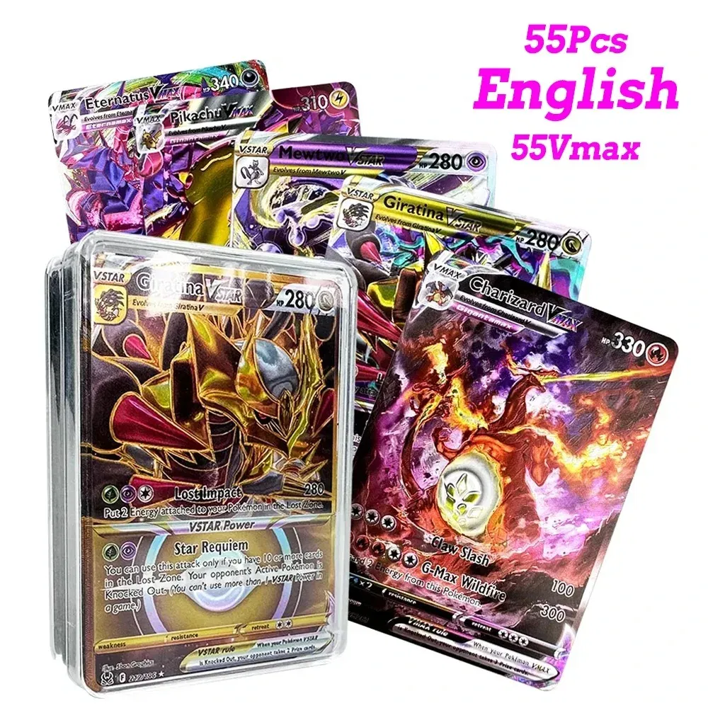 Color: SIX - 55PCS Pokemon Colorful Gold Foil Card Charizard Pikachu Arceus Diamond Rainbow English French German Spanish VSTAR GX VMAX Cards