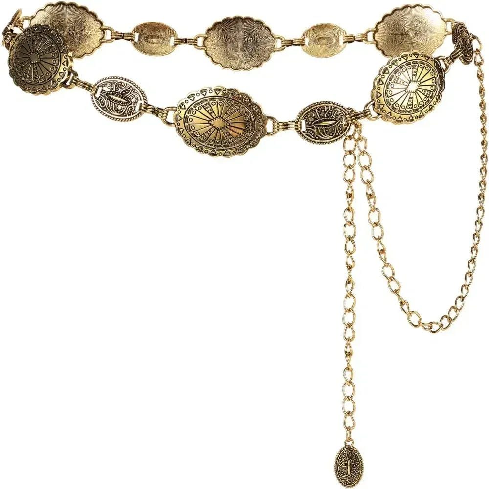 Color: Beige, Belt Length: 120cm - Metal Chain Belt for Women Cowgirl Western Country Chain Belts Adjustable Concho Belt for Sweaters Dresses Jeans