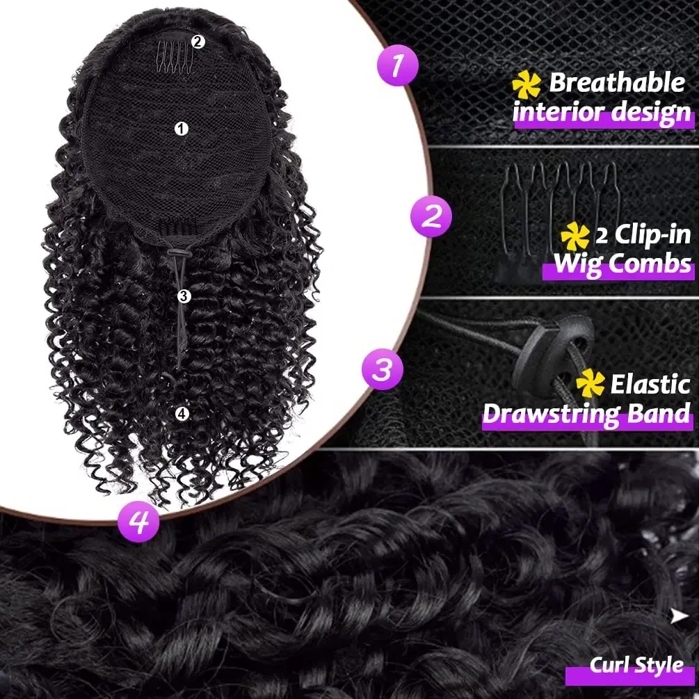 Color: #2, Stretched Length: 20inches - Synthetic Short Afro Kinky Curly Ponytail Hair Piece for African American Ponytail Extension Afro Kinky Curly Ponytail for Women