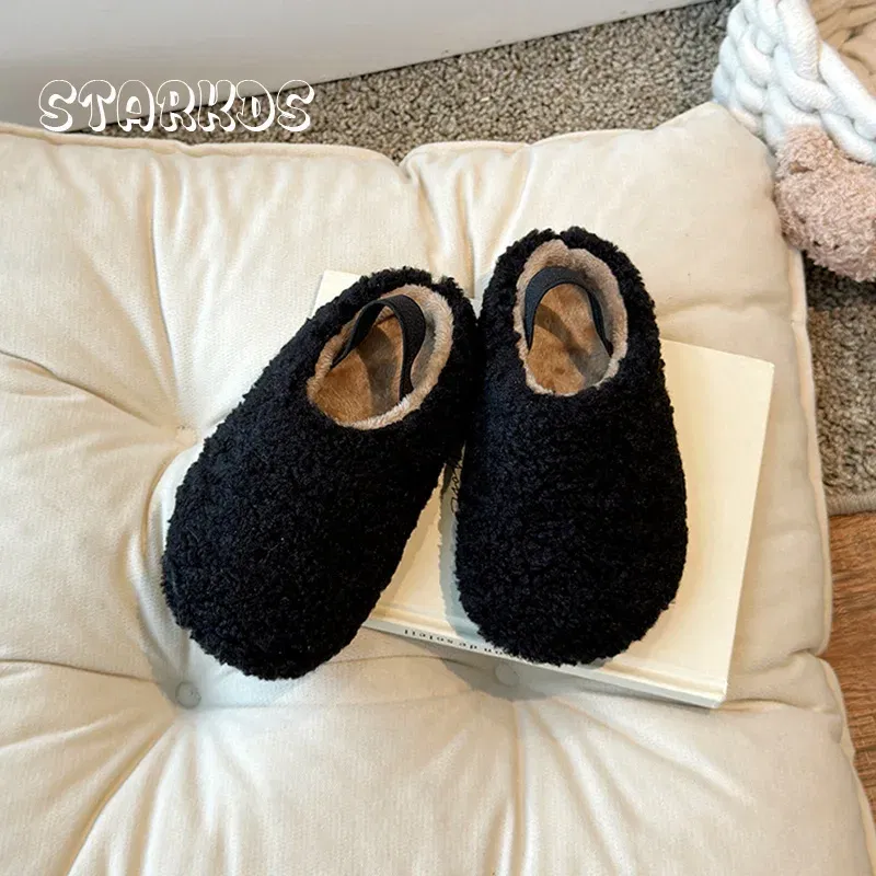 Color: WHITE, Shoe Size: 22 - Teddy Fur Mule For Baby Kids Winter Warm Plush Slipper Toddler Child Casual Pull-on Fluffy Cotton Shoe with Back Elastic Strap