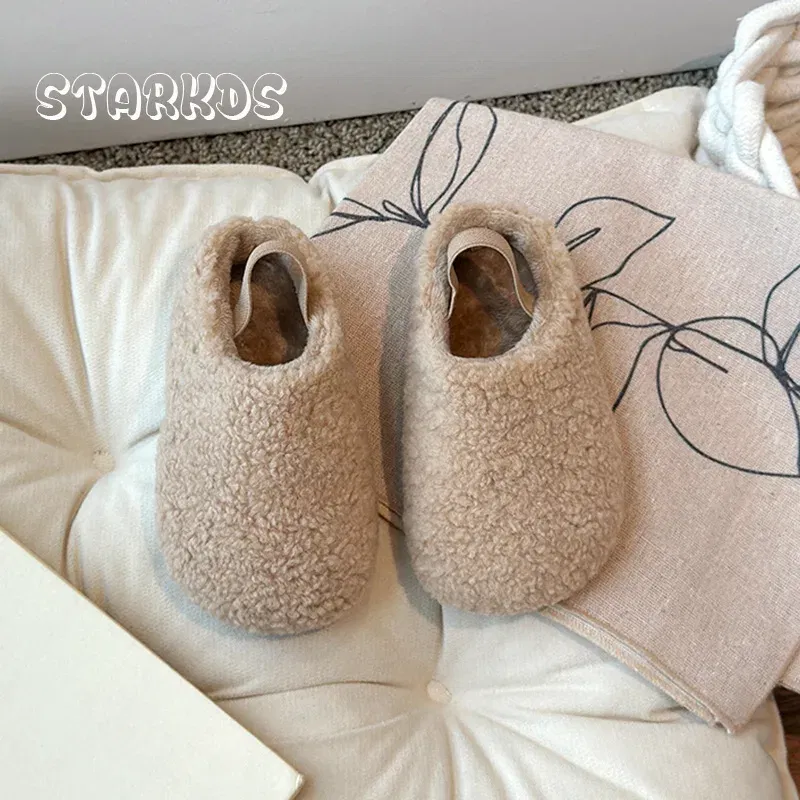 Color: WHITE, Shoe Size: 22 - Teddy Fur Mule For Baby Kids Winter Warm Plush Slipper Toddler Child Casual Pull-on Fluffy Cotton Shoe with Back Elastic Strap