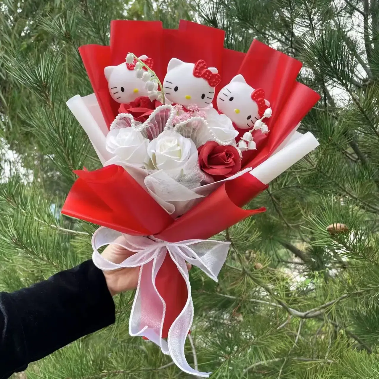 Color: Burgundy - Kawaii Hello Kitty Cat Dolls With Artificial Flowers Creative Bouquet Christmas Valentine Birthday Graduation Gifts