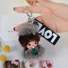 Color: Lake Blue, Ships From: CHINA - New creative mink hair Monchi key chain figure car pendant plush toy cartoon doll webbing
