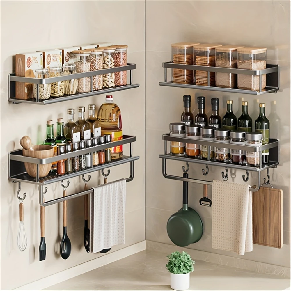 Color: Clear - Multifunctional Kitchen and Bath Tray Wall-Mounted Aluminum Storage Rack Seasoning Bottle Storage Shelf Kitchen Storage Hooks
