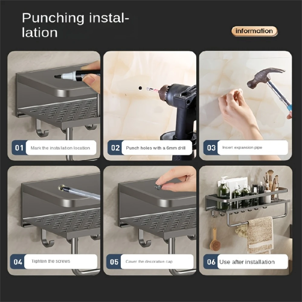 Color: Clear - Multifunctional Kitchen and Bath Tray Wall-Mounted Aluminum Storage Rack Seasoning Bottle Storage Shelf Kitchen Storage Hooks