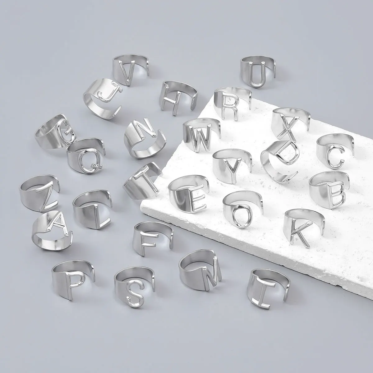 Metal Color: Antique Silver Plated, Ring Size: resizable - LAViXMIA Alphabet A-Z Letter Never Fade Stainless Steel Rings Women Jewelry Fashion Initial Ring Adjustable Size Birthday Gifts