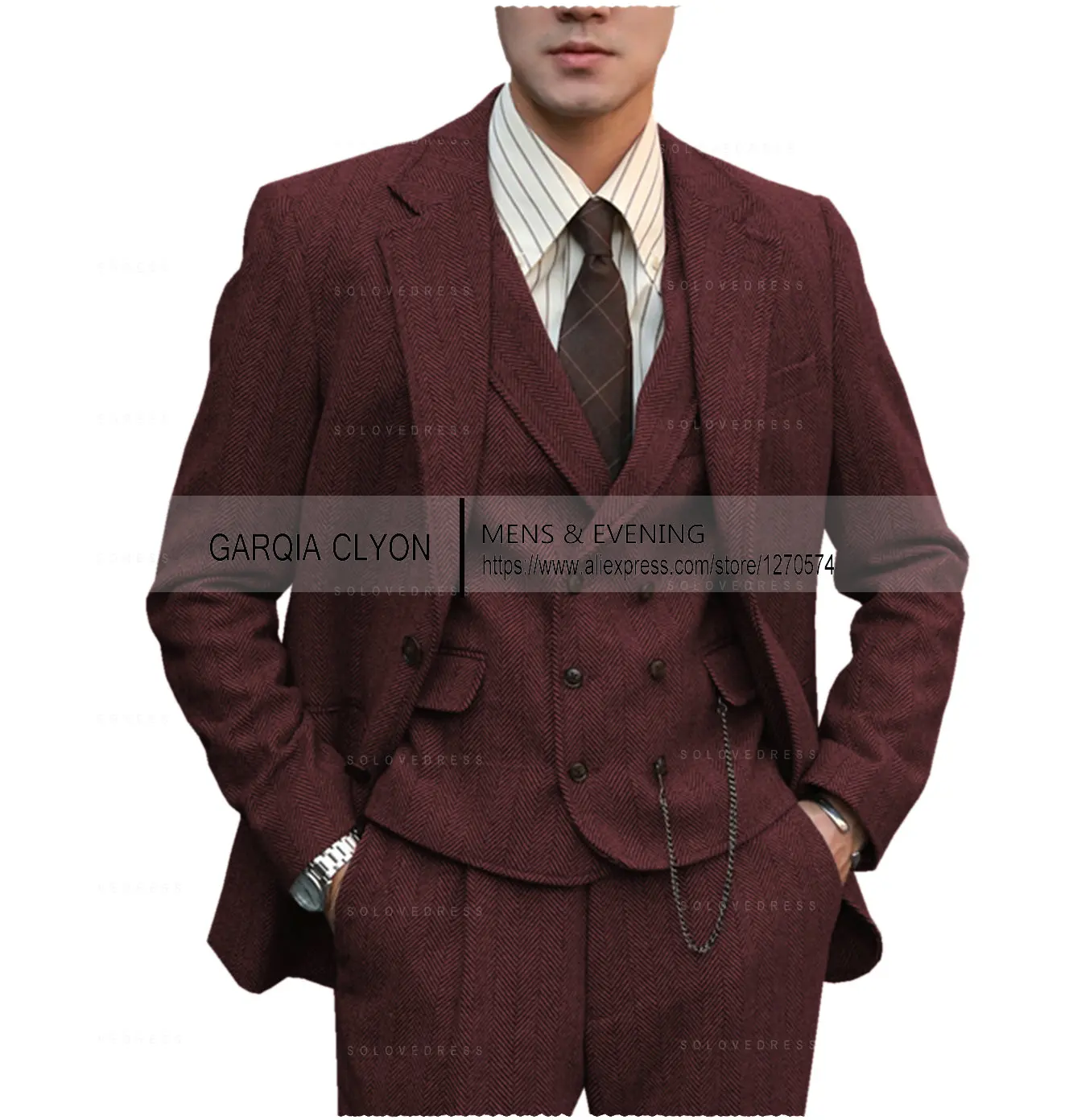 Color: GRAY, Size: M - Tweed Herringbone 3 Pieces Herringbone Men's Business Suits Single Breasted Slim Fit Groom Formal Suits?€Blazer+vest+Pants?‰