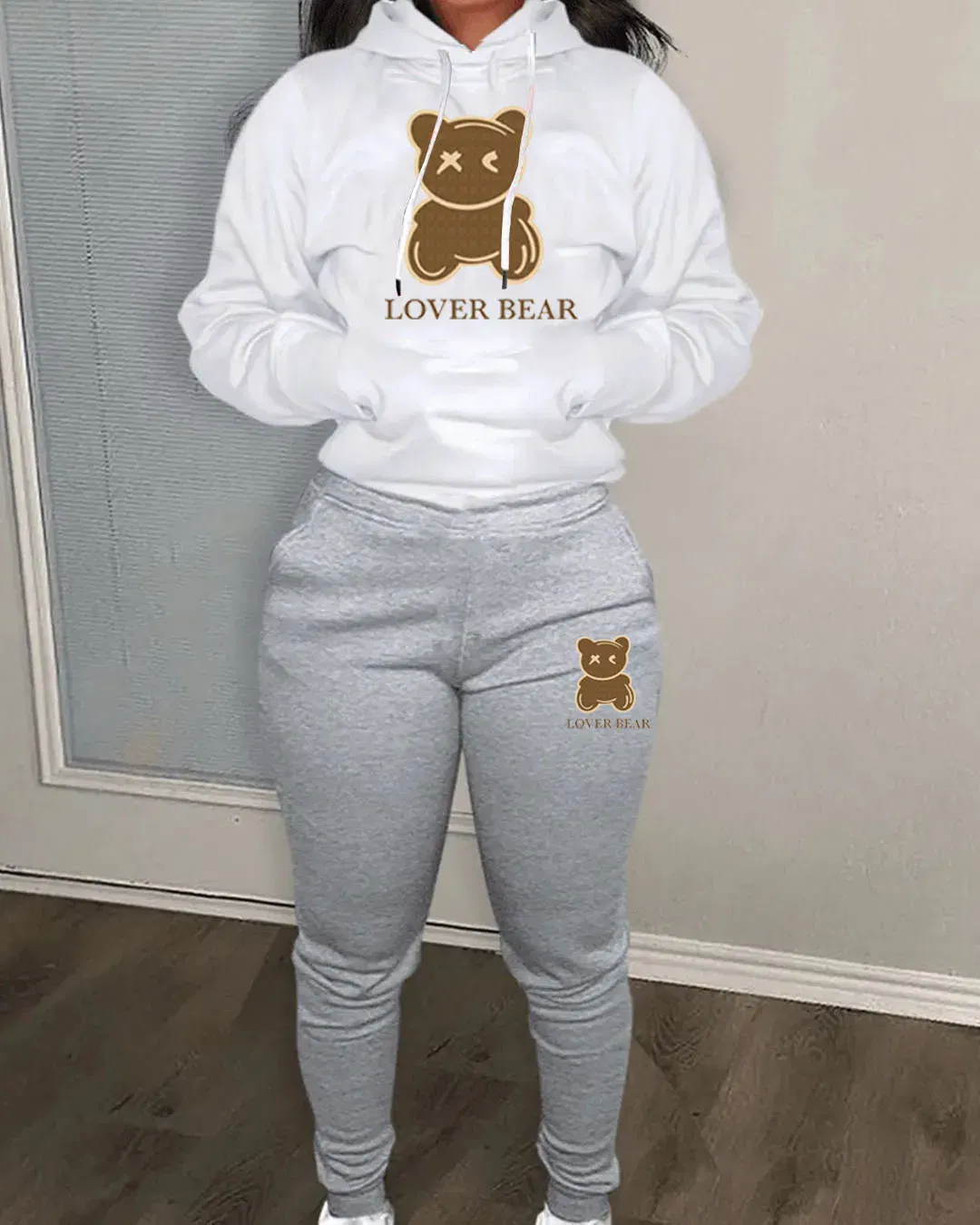 Color: green, Size: XXXL - 2 Piece Set Women Outfit Letter Bear Print Hooded Neck Hoodies Sweatshirt Pants Tracksuit 2024 Plus Size Streetwear Casual Suit
