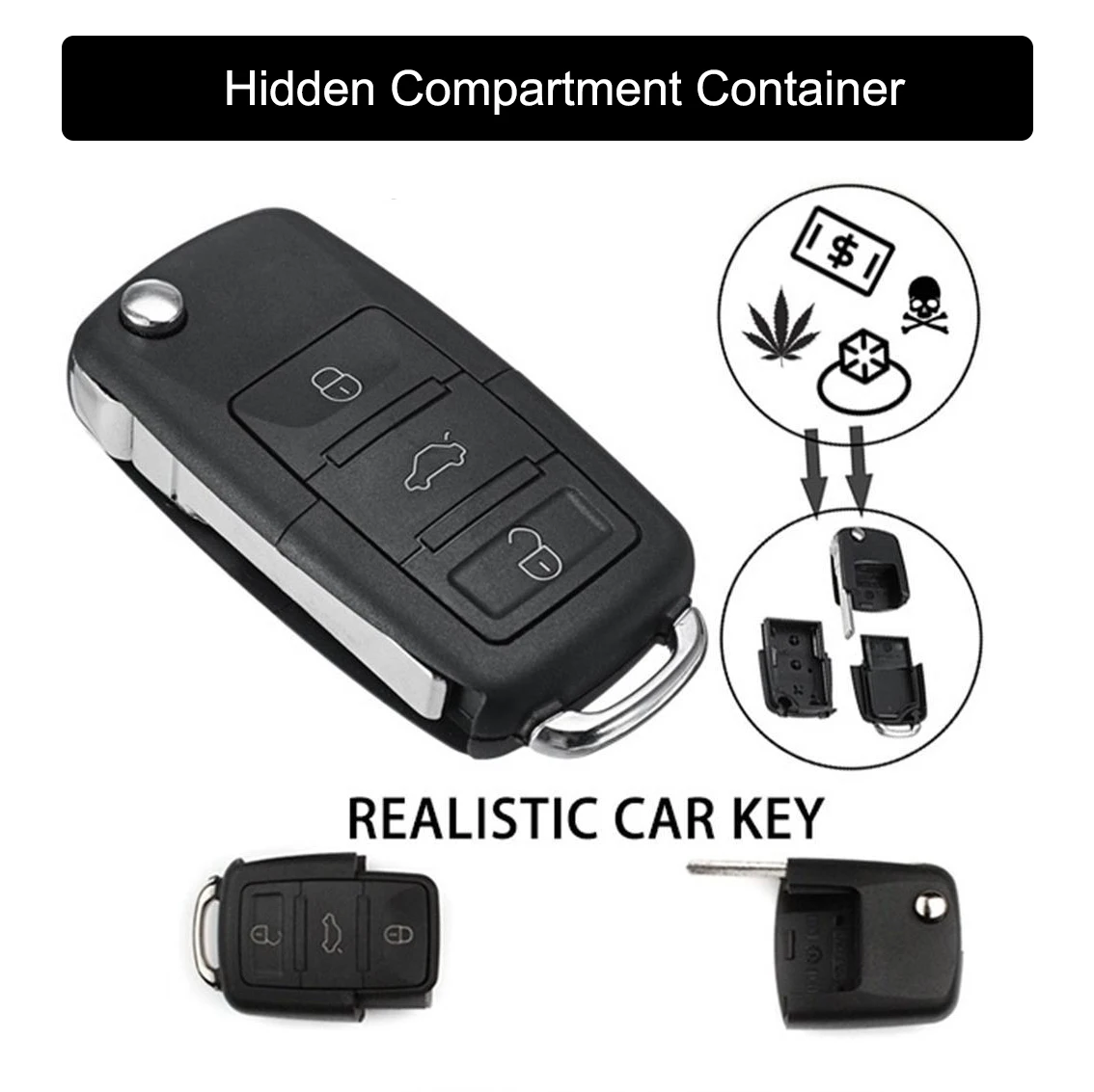 Color: Black - Fake Car Key Safe Hidden Secret Compartment Stash Box Discreet Decoy Car Key Fob to Hide and Store Money