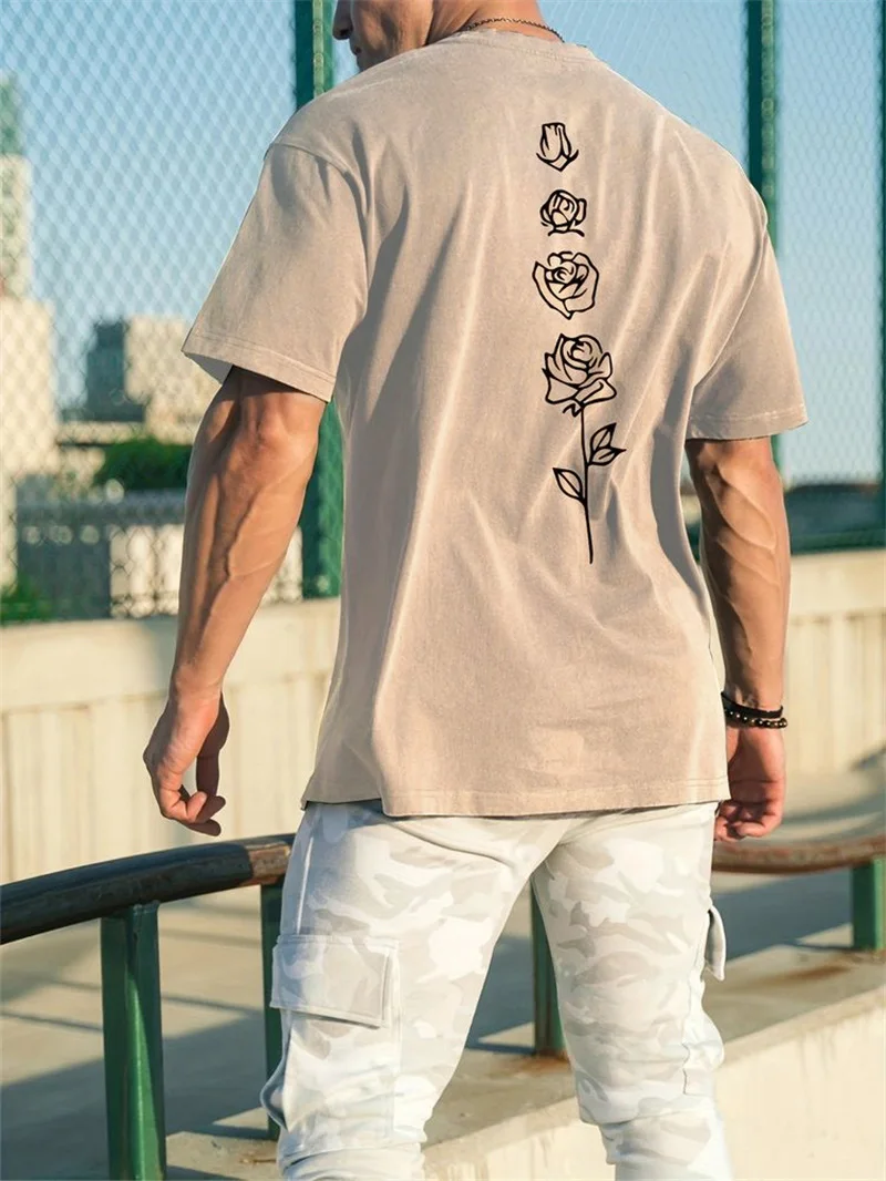 Color: Khaki, Size: XXL - Men's Summer Loose Fit 100 Cotton Rose pattern Print T-shirt Tops