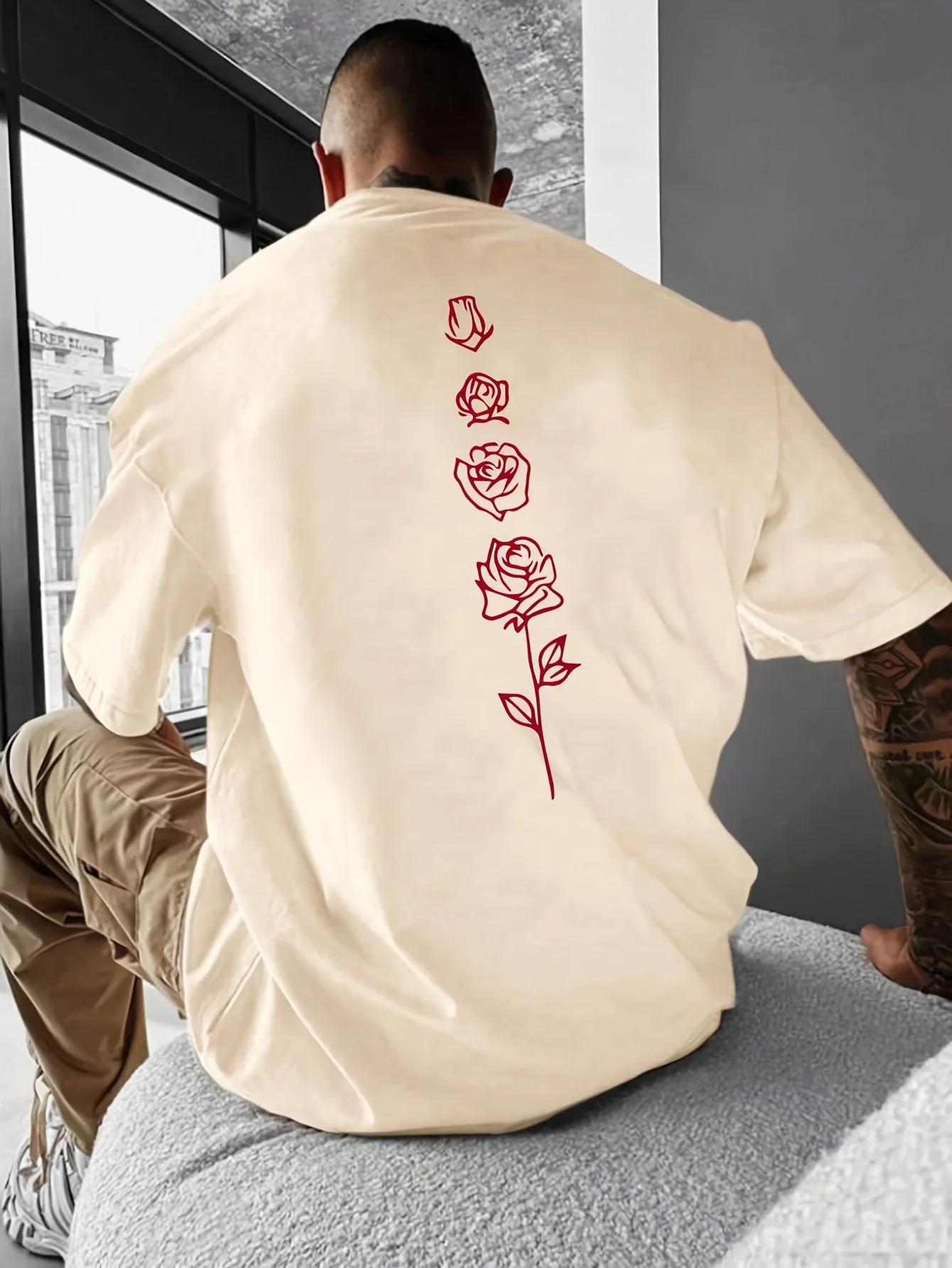 Color: Khaki, Size: XXL - Men's Summer Loose Fit 100 Cotton Rose pattern Print T-shirt Tops
