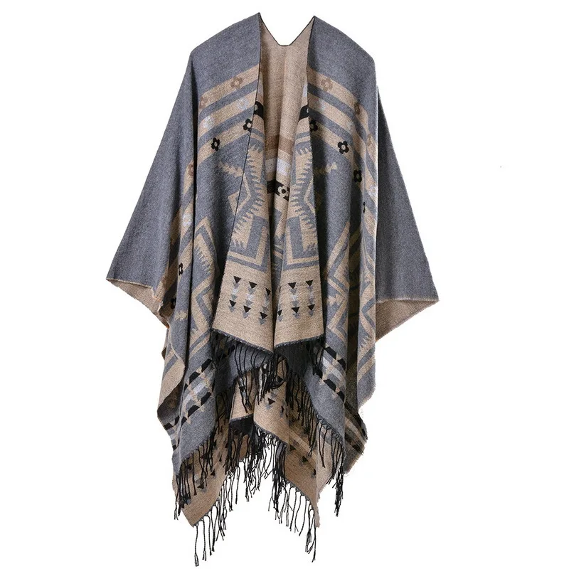 Color: GRAY, Size: One Size, Ships From: CHINA - European American Popular Tassel Thickened Cashmere Like National Style Travel Fork Shawl Scarf in autumn Ponchos Capes