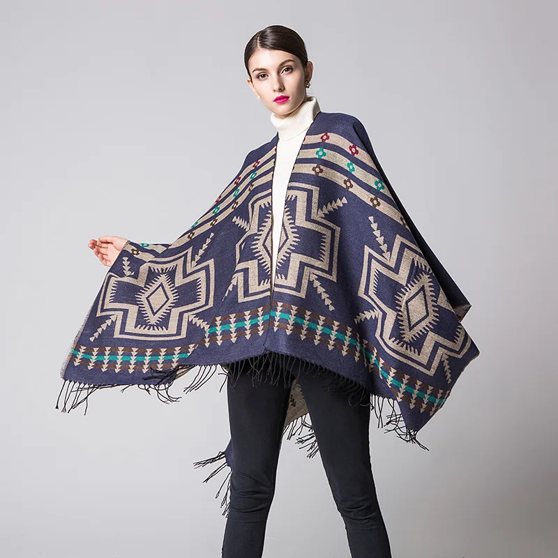 Color: GRAY, Size: One Size, Ships From: CHINA - European American Popular Tassel Thickened Cashmere Like National Style Travel Fork Shawl Scarf in autumn Ponchos Capes