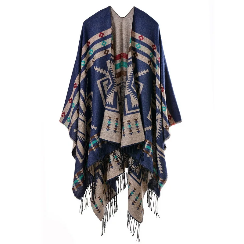 Color: GRAY, Size: One Size, Ships From: CHINA - European American Popular Tassel Thickened Cashmere Like National Style Travel Fork Shawl Scarf in autumn Ponchos Capes