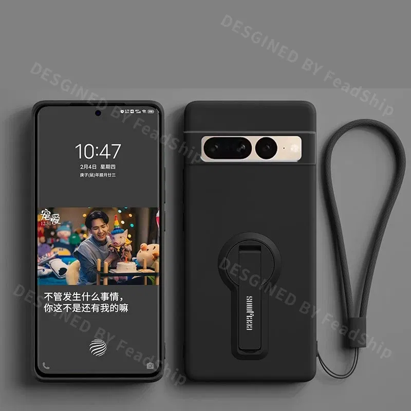 Color: black, Material: aluminum - Phone Case For Google Pixel 7 8 6 5 9 Pro XL Pixel 7A 6A 5A 8A 9A Soft Cover Silicone Case with Holder Stand Bracket Lanyard