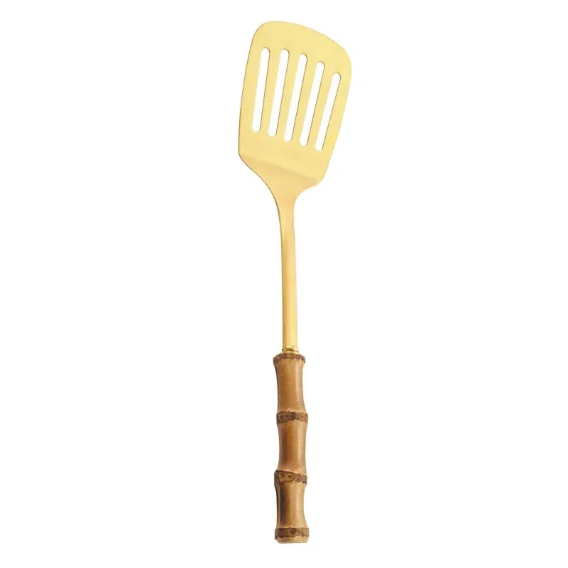 Color: army green - Natural bamboo handle stainless steel frying shovel Japanese-style soup spoon Creative new colander shovel kitchen utensils set
