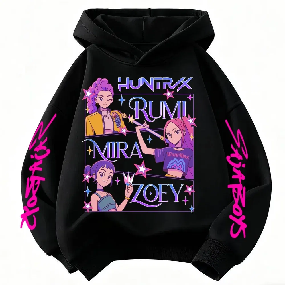 Color: black, Kid Size: 5 - Children's Hoodies KPop Demon Hunters tops Boy Girls Coat Casual Toddle Sweatshirr white pink child 3-12 year the Spring Autumn