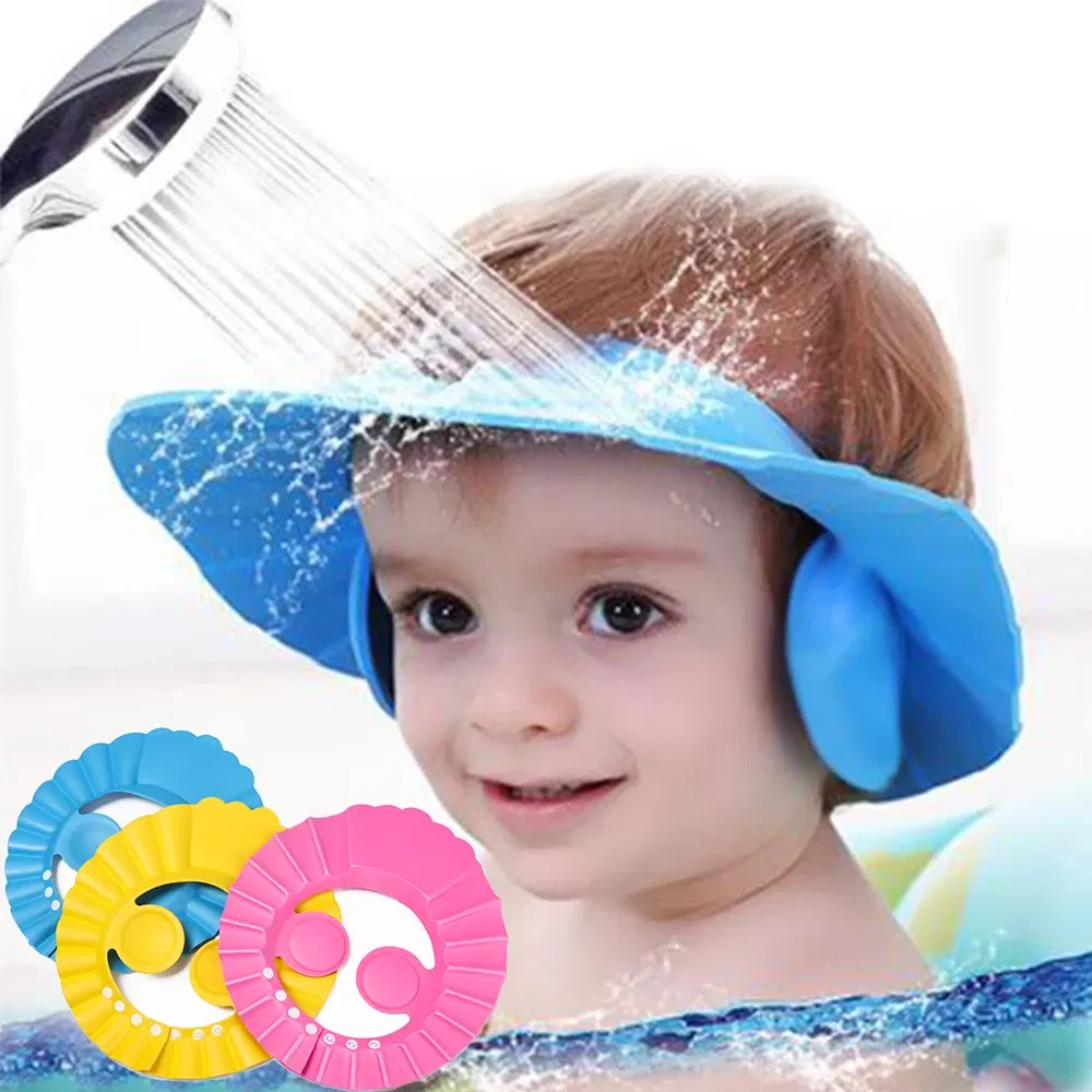 Color: GRAY - Baby Shower Soft Cap Adjustable Hair Wash Hat for Kids Ear Protection Safe Children Shampoo Bathing Shower Protect Head Cover