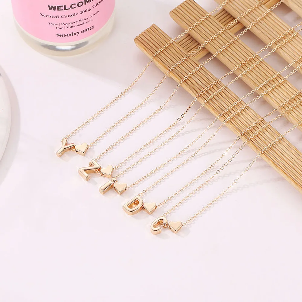 Metal Color: RED-BROWN, Main Stone Color: MAROON - Fashion Tiny Heart Dainty Initial Necklace Gold Color Letter Name Choker Necklace For Women Pendant Jewelry Gift