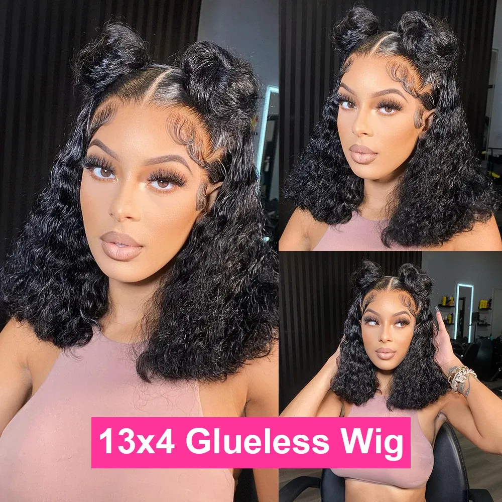 Hair Color: #1, Ships From: United States, Stretched Length: 12INCHES, Density: 180% - Wear and Go Water Wave Glueless Bob Wigs Pre-plucked 7x5 HD Lace Closure Wig Pre-cut Lace Frontal Bob Wigs With Bleached Knots