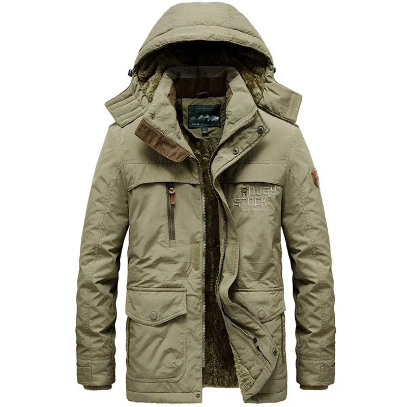 Color: Khaki, Size: 6XL - TELLHIGH 2024 Winter Parka Men Jacket Mens Plus Velvet Men Hooded Windbreaker Coats Men Casual Warm Jackets Coat Detachable Hat