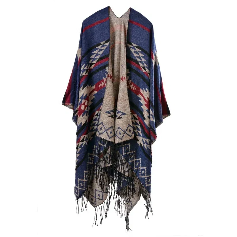 Color: Burgundy, Size: One Size - European American Popular Tassel Thickened Cashmere Like National Style Travel Fork Shawl Scarf in autumn Ponchos Capes P9