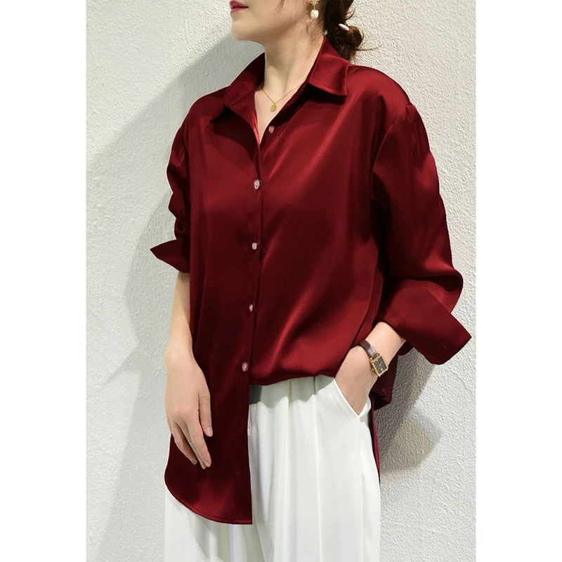 Color: Coffee, Size: XXL - All-match Satin Finish Shirts And Blouses Women Clothing Casual Top OL Long Sleeve Button Elegant Shirts French Solid Blouses