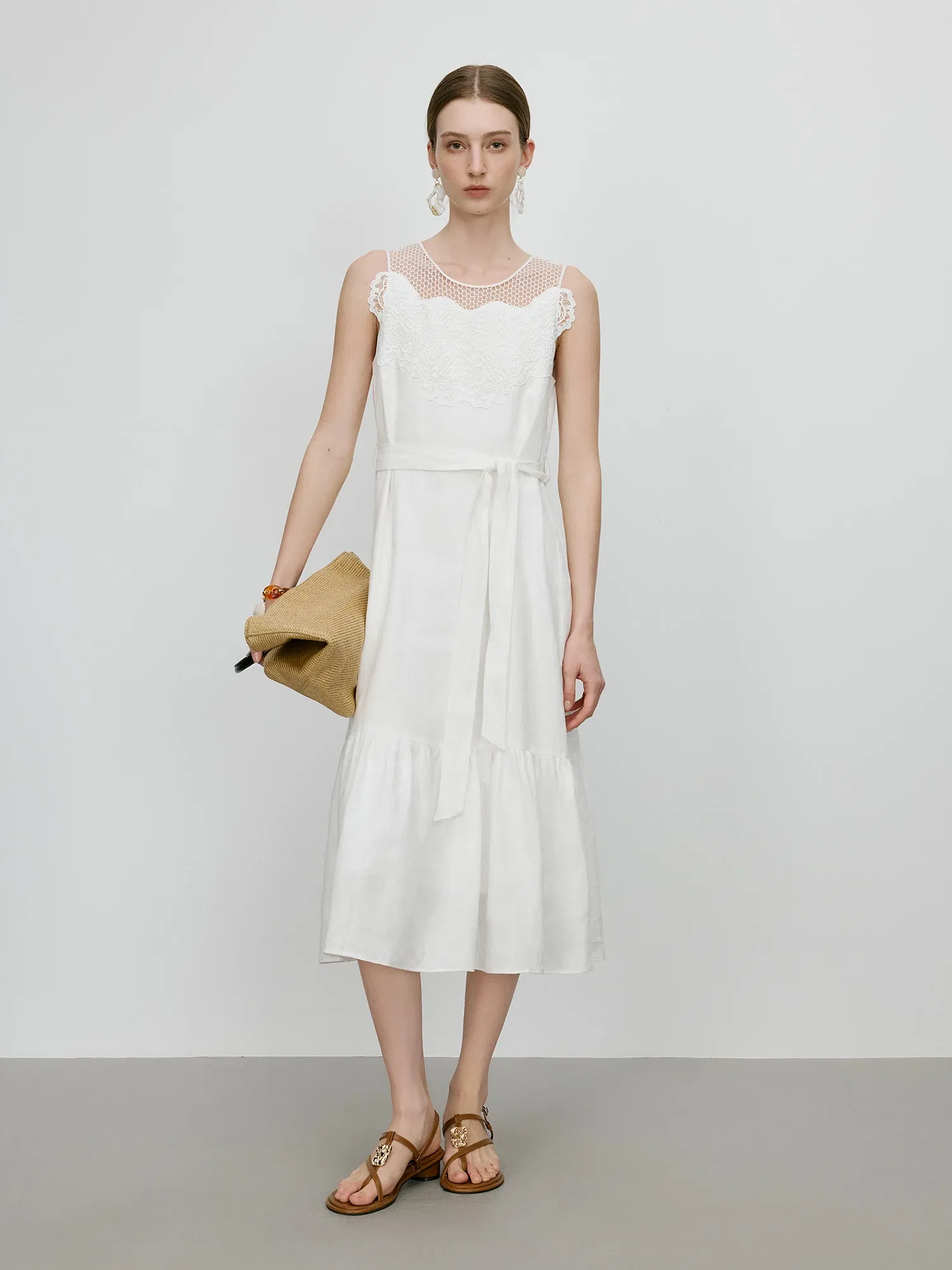 Color: WHITE, Size: L - FSLE【Premium Series?‘100% Linen Holiday Style Sleeveless White Long Dress Women Summer A-LINE Dress With Sashes 25FE12046