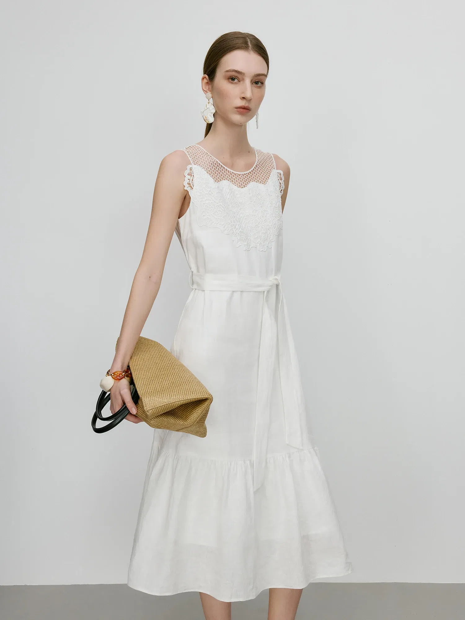 Color: WHITE, Size: L - FSLE【Premium Series?‘100% Linen Holiday Style Sleeveless White Long Dress Women Summer A-LINE Dress With Sashes 25FE12046