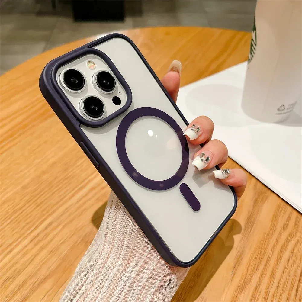 Color: PURPLE, Material: POLYESTER - Luxury Shockproof Magsafe Wireless Charge Case for iPhone 17 Air 16 15 14 Plus 13 12 Mini 11 Pro Max Clear Magnetic Bumper Cover
