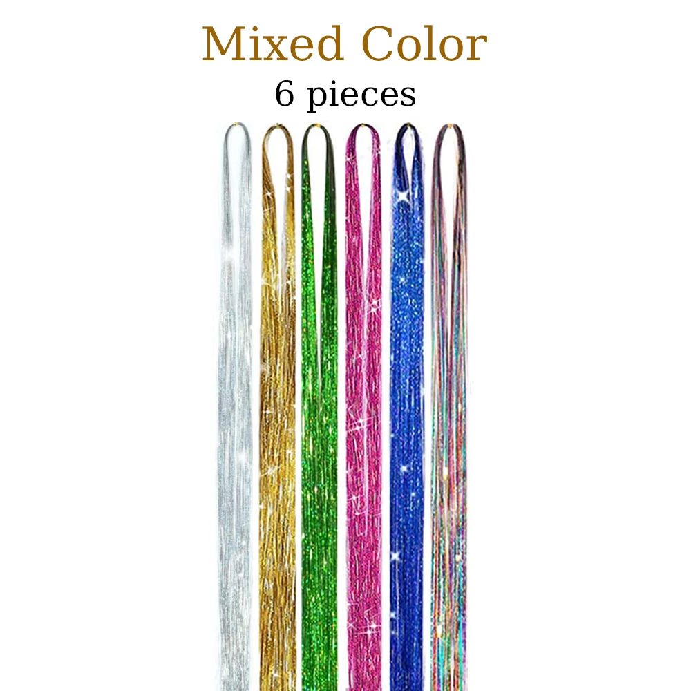Color: #6, Stretched Length: 24inches - 48 Inch Hair Tinsel Kit With Tool 1200 strands Tinsel Hair Extensions 12 Colors Fairy Hair Tinsel, Sparkling Shiny Hair Tinsel