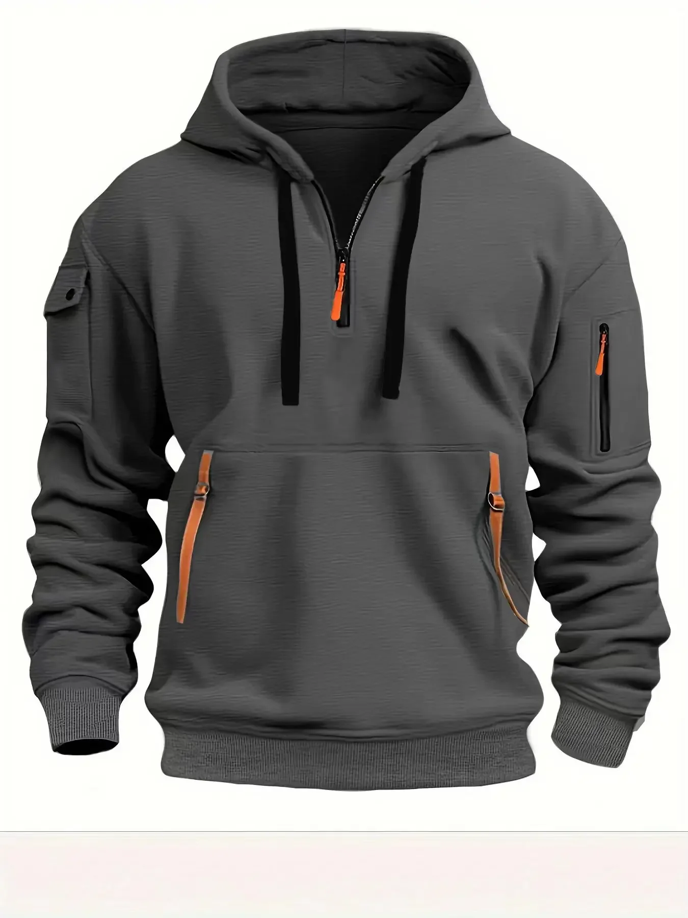 Color: Dark Grey, Size: L, Sale by Pack: Pack of 1, Ships From: CHINA - New hoodie men zipper multi pocket hoodie Spring Winter Fleece Warm Sweatshirt Fashion Streetwear Sports Hoody Solid Pullover