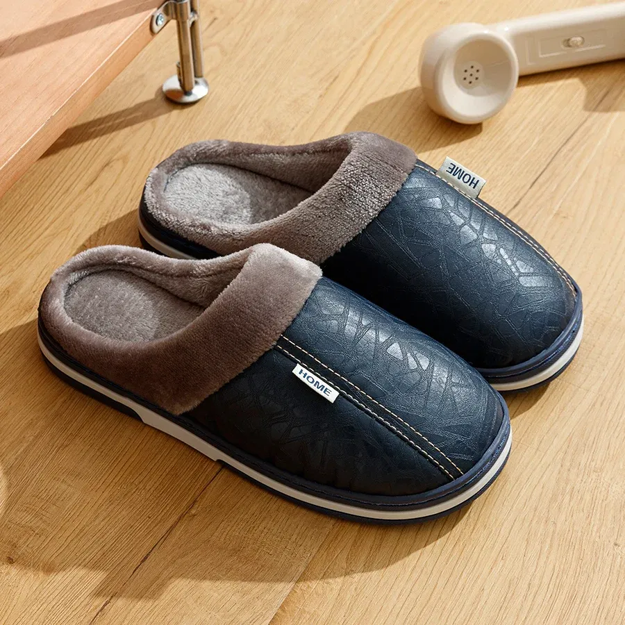 Color: Blue, Shoe Size: 8 - Big Size Winter Casual Men's Slippers Indoor Waterproof PU Leather Home Shoes Fur Flat Warm Fashion Bedroom Houseshoes