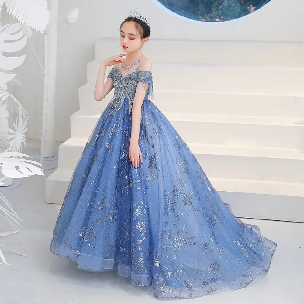Color: MULTI, Kid Size: 13 - Children's Dress Princess Dress Fluffy Gauze Flower Girl Heavy Industry Trailing Catwalk Small Host Piano Performance